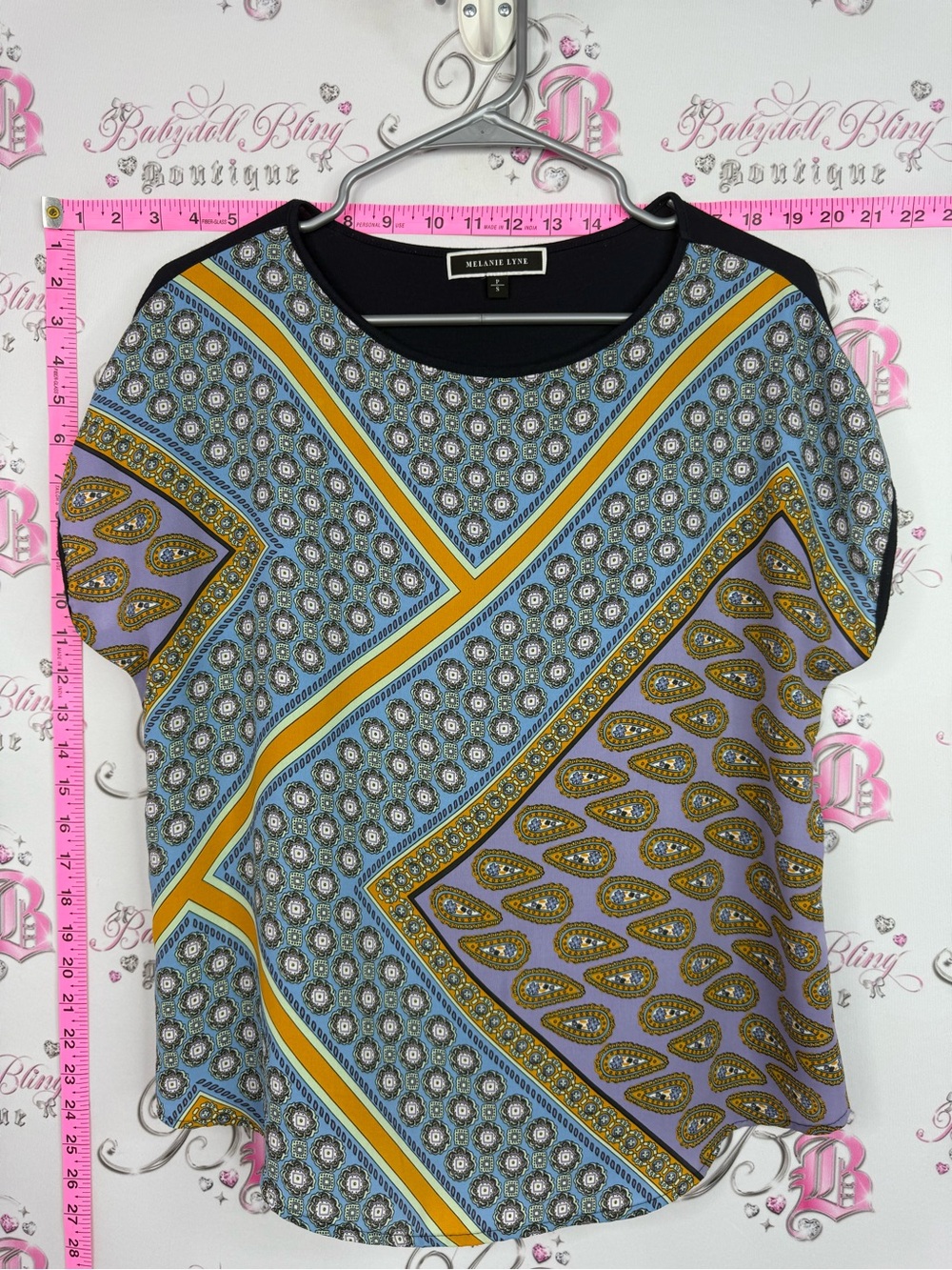 Melanie Lyne shirt Women's Blue & Yellow Printed Short Sleeve Blouse